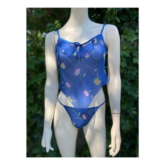 Vtg | 90s La Senza Blue Floral Lingerie Set Sleepwear Cami Panty Hankerchief Med - Picture 1 of 7